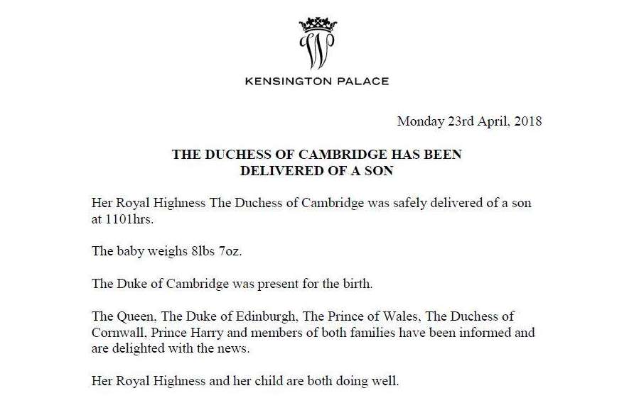 L'annuncio della nascita del terzo royal baby