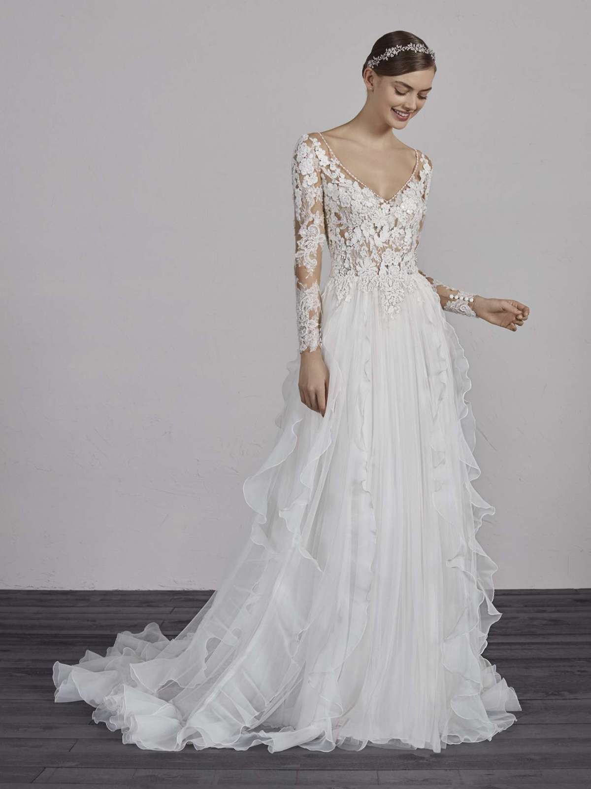 Vestito da sposa con corpetto in pizzo Pronovias