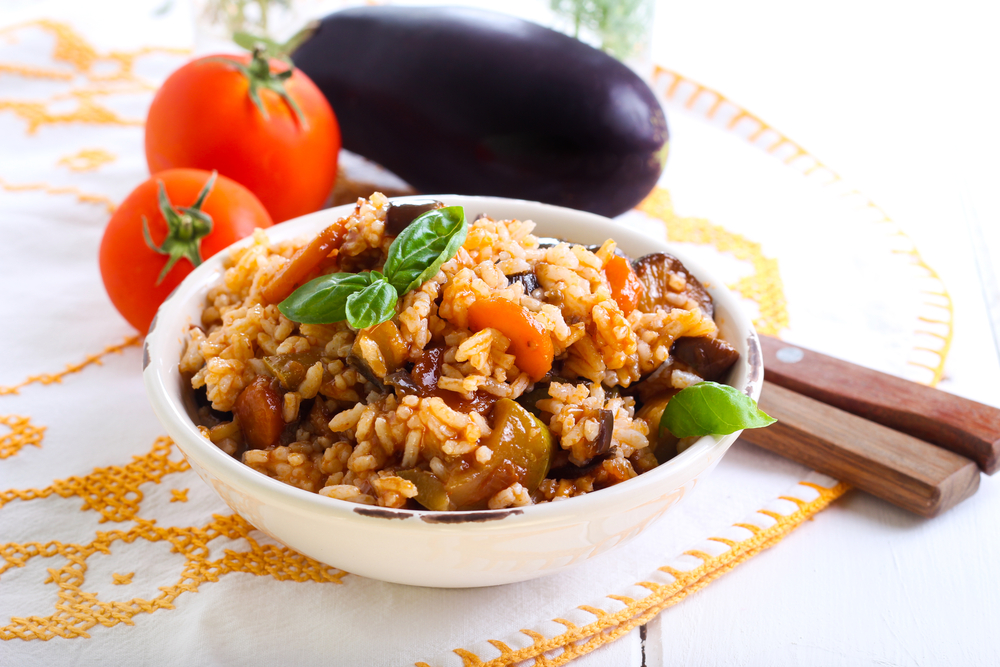 Riso con funghi e melanzane